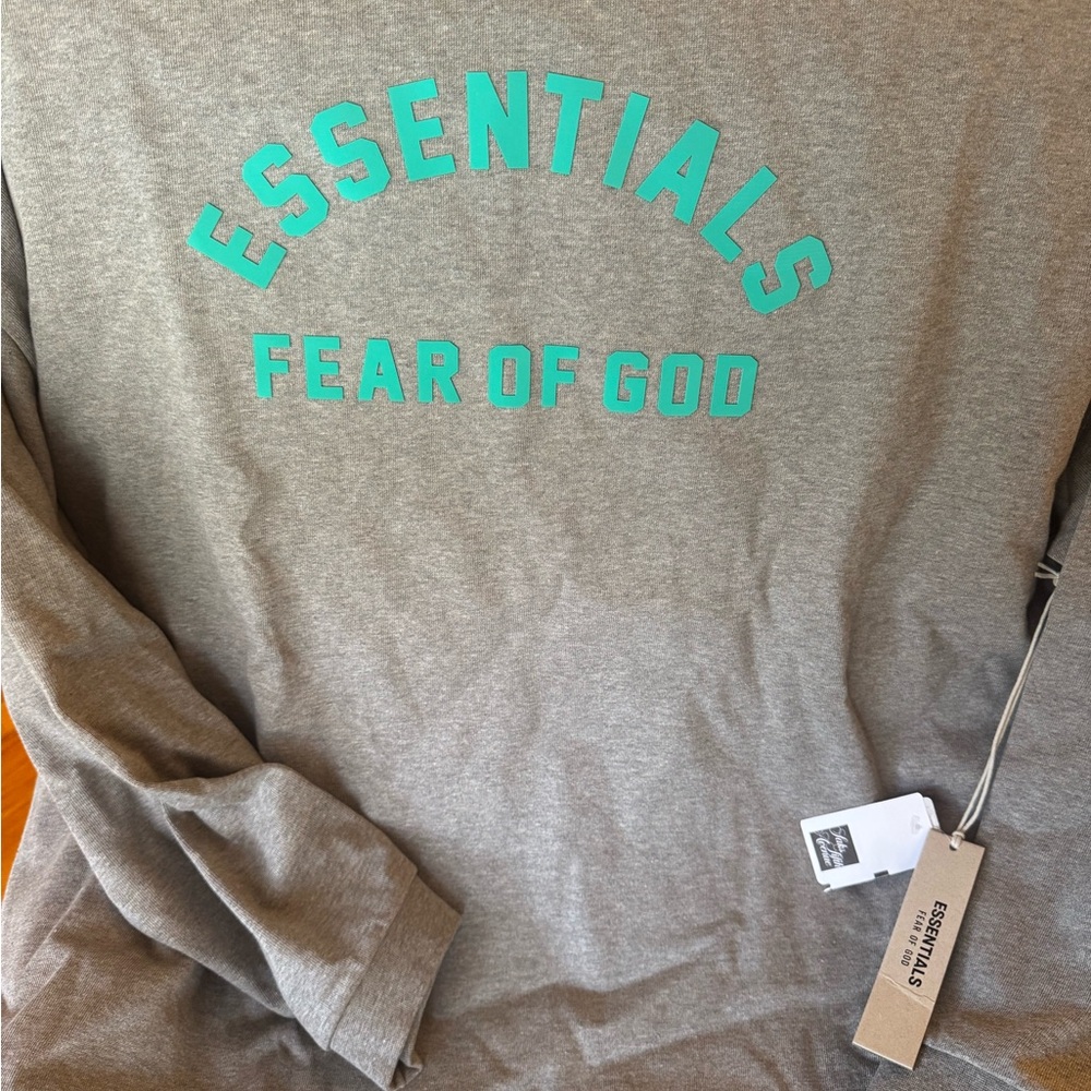 ESSENTIALS Fear of God Grey much neck l/s Tee with Teal Raised Logo